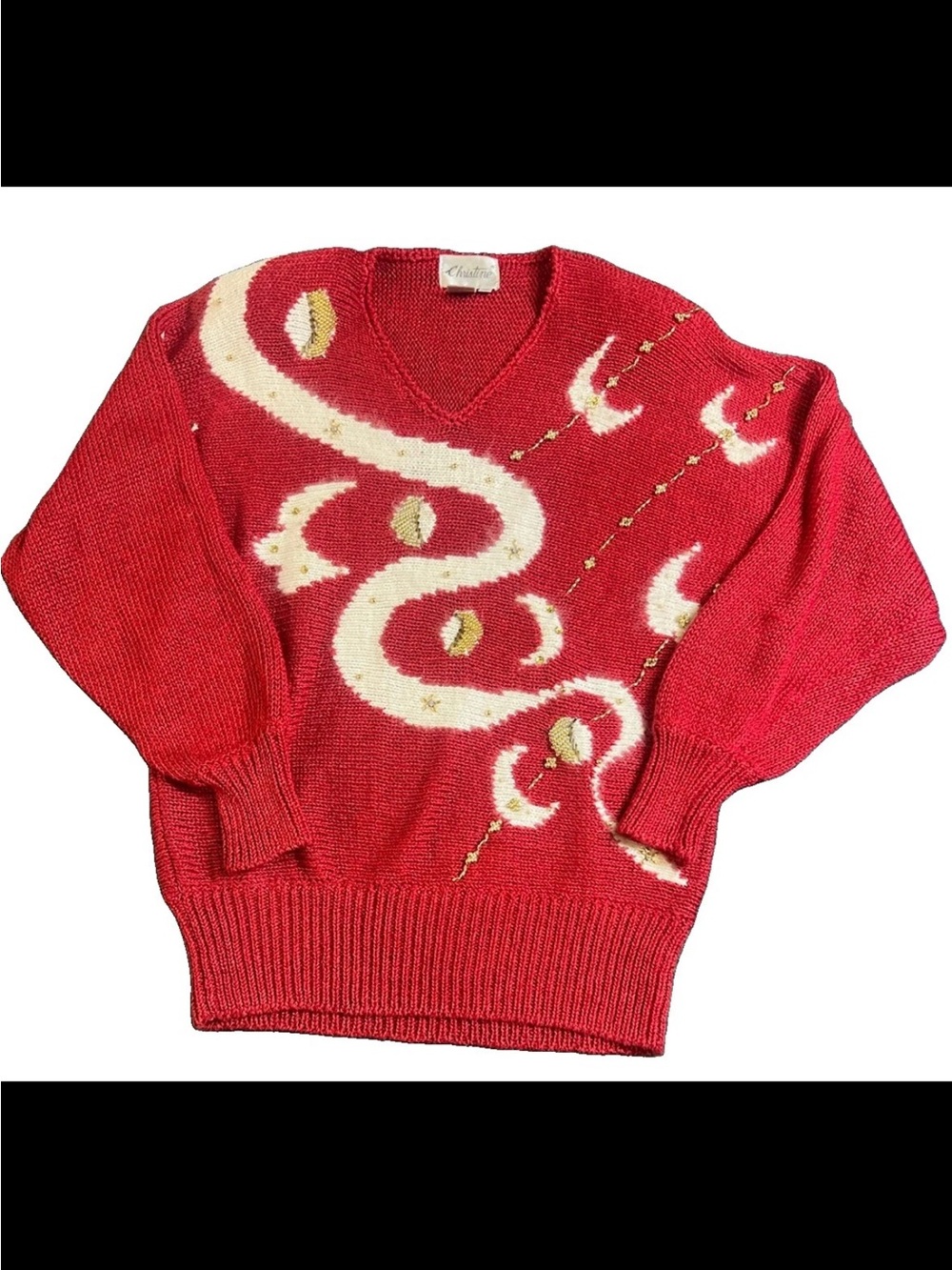 VTG Christine Red White Angora Metallic Thread Batwing Sweater M 80’s Retro